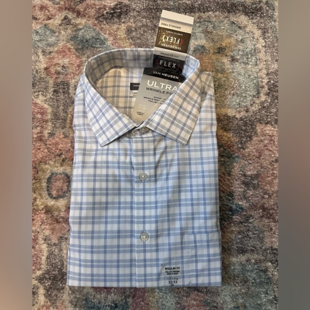 NWT Van Heusen Wrinkle Free Flex Stretch Plaid Button Down Shirt Blue/White XL